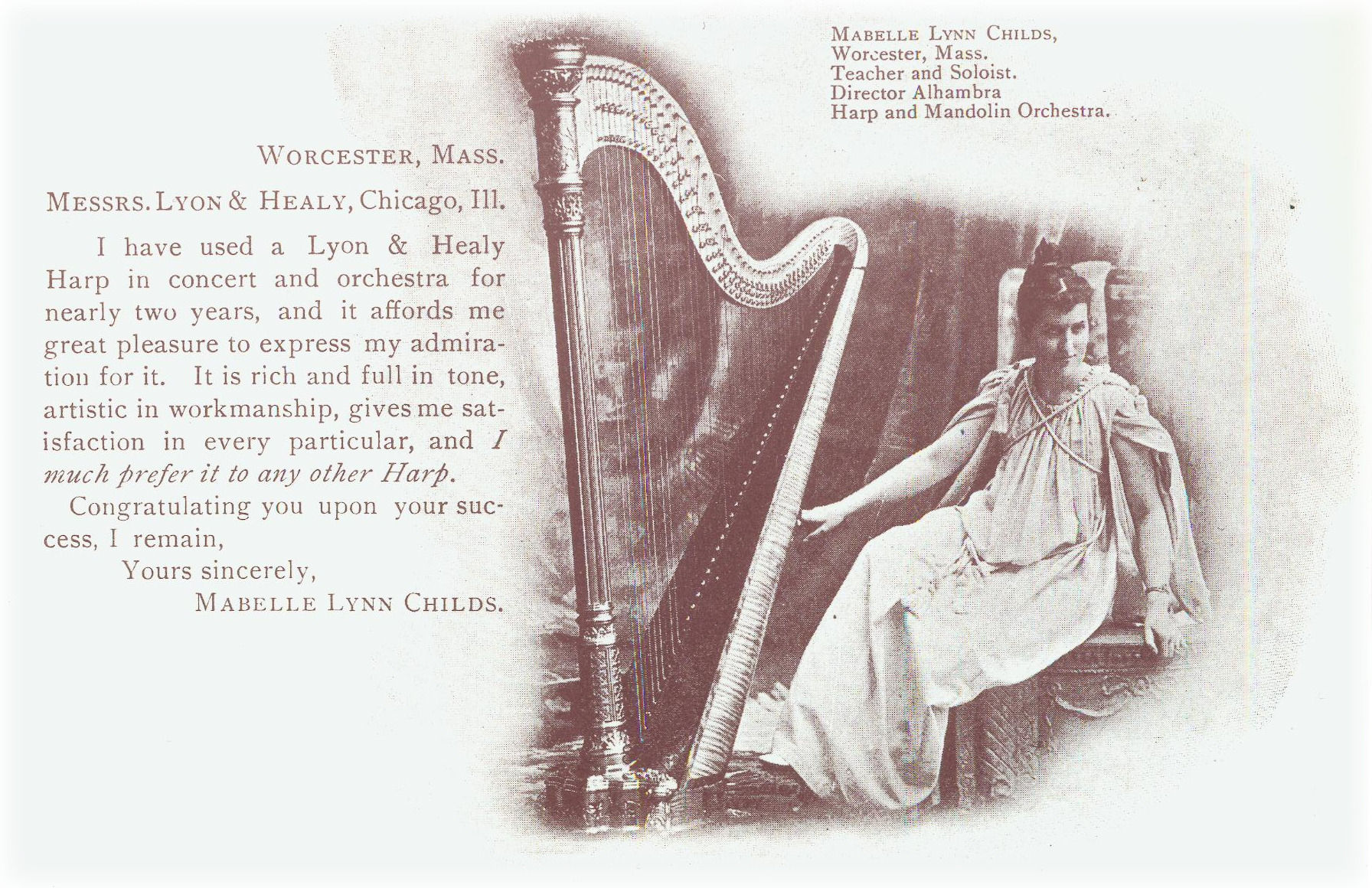 Woman lounging in long flowing pleated robe with one arm stretched towards harp and looking intently into the distance.